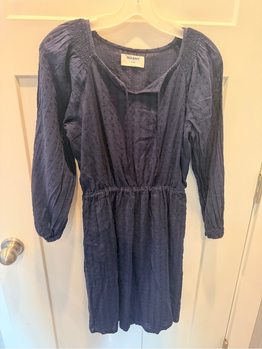 Old Navy Girls XL 16 Navy Textured Cotton Metallic Peasant Dress Long Sleeve